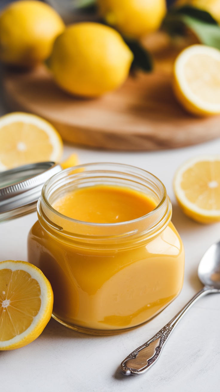 A jar of bright yellow lemon curd with lemons in the background.